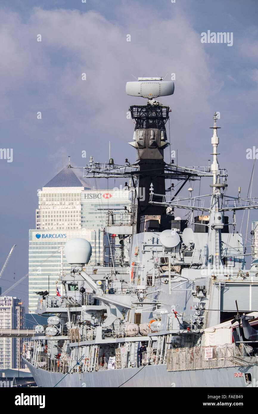 Royal Navy Frigate Duca di ferro, Docklands, Londra, Inghilterra, Regno Unito Foto Stock