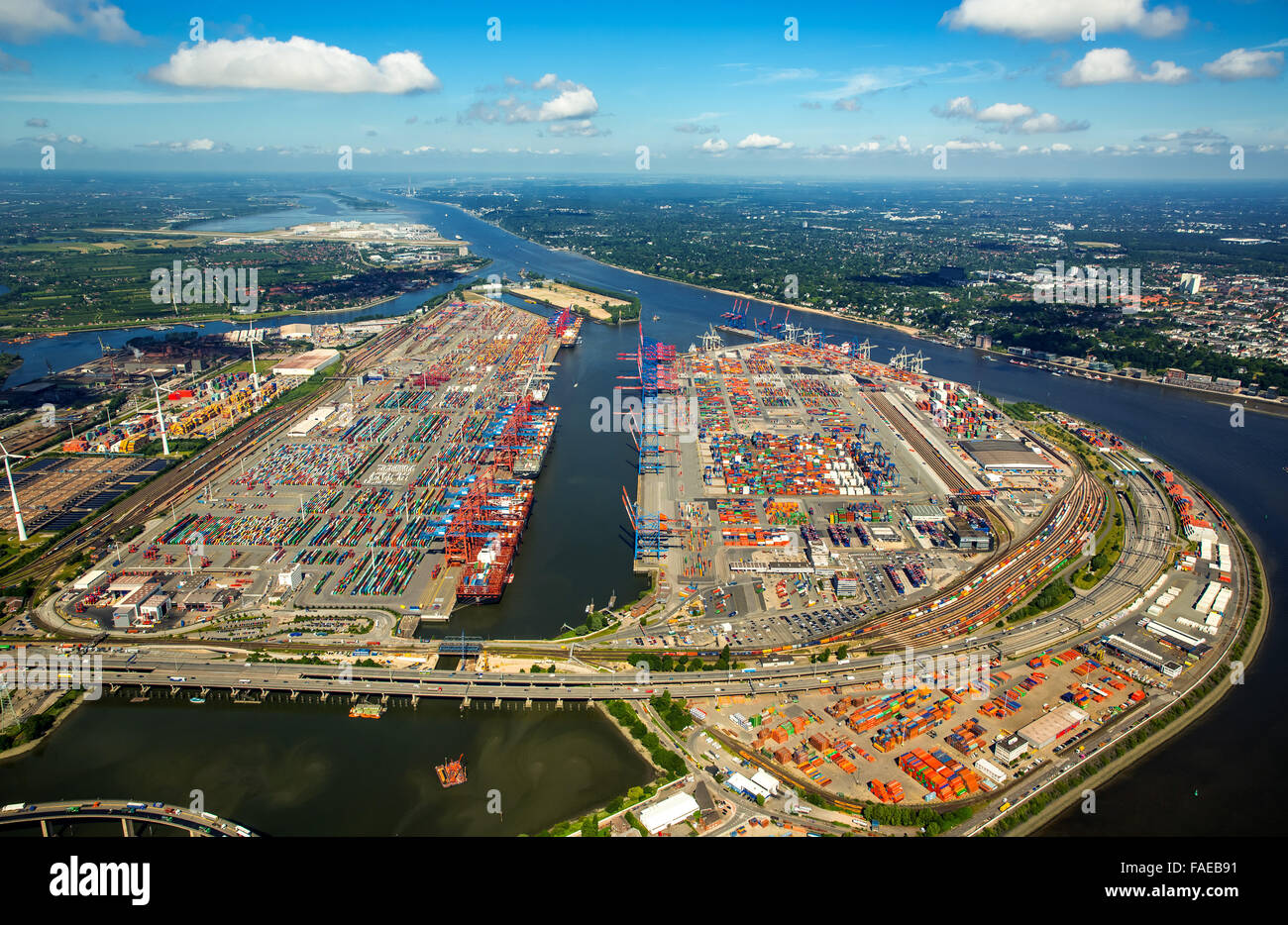 Vista aerea, contenitore porta Amburgo, CTA, container terminal Altenwerder, Hamburg-Altenwerder, dal porto di Amburgo, Elba, Amburgo, Foto Stock