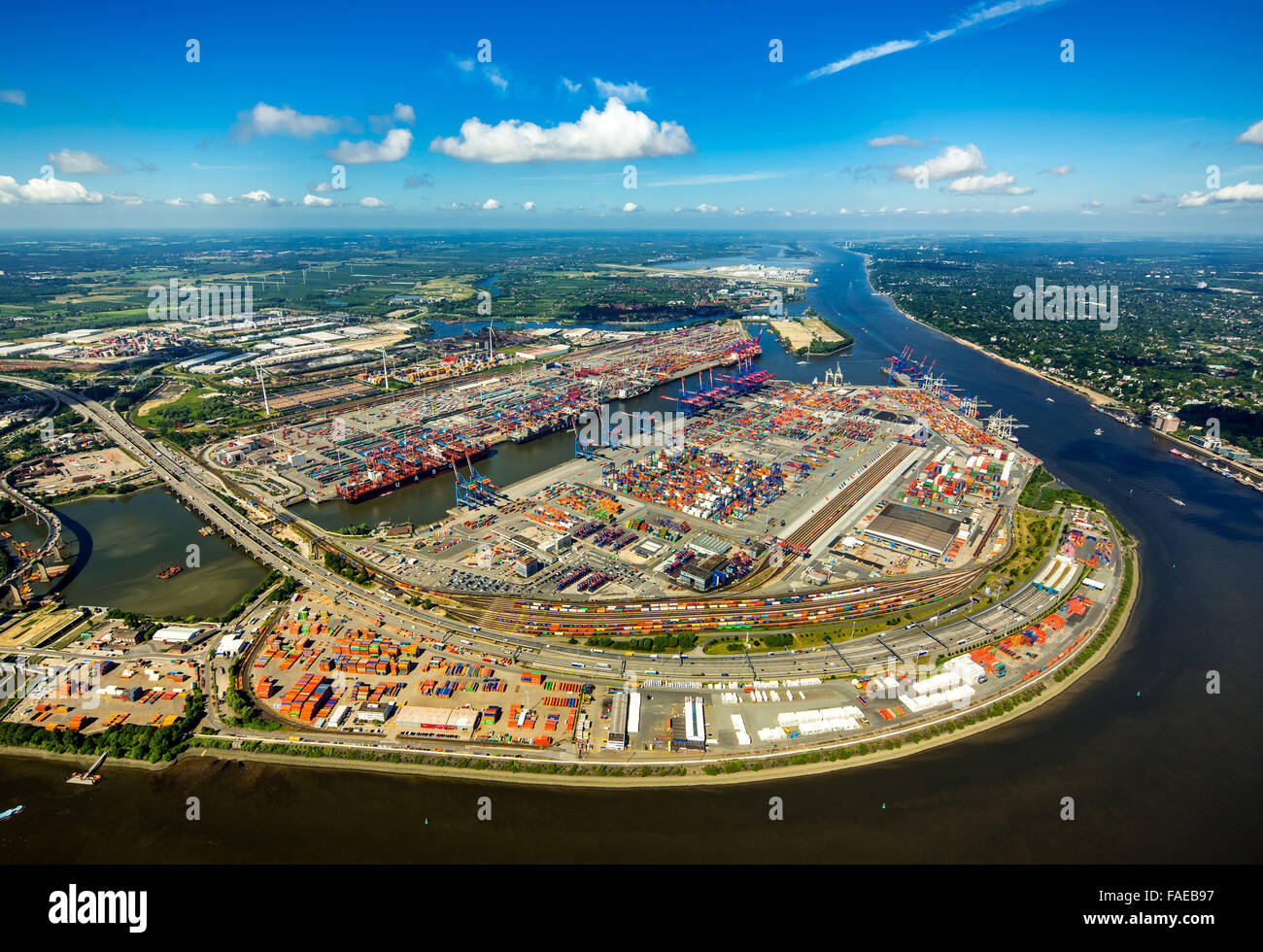 Vista aerea, contenitore porta Amburgo, CTA, container terminal Altenwerder, Hamburg-Altenwerder, dal porto di Amburgo, Elba, Amburgo, Foto Stock