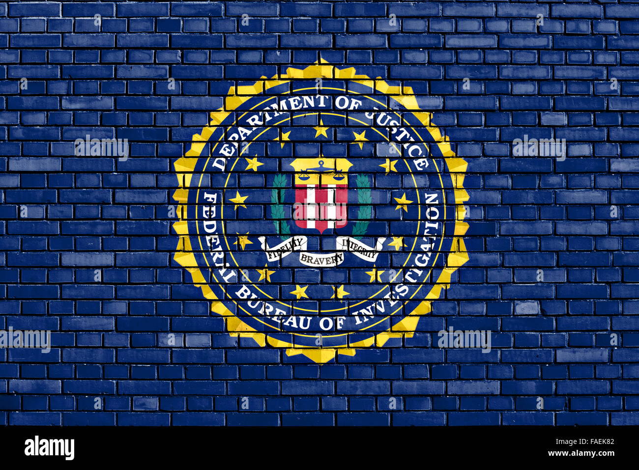 Bandiera della FBI dipinta su un muro di mattoni Foto Stock