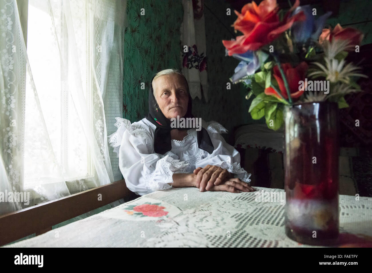Ritratto di una donna anziana nella sua casa nel distretto di Maramures, Romania Foto Stock