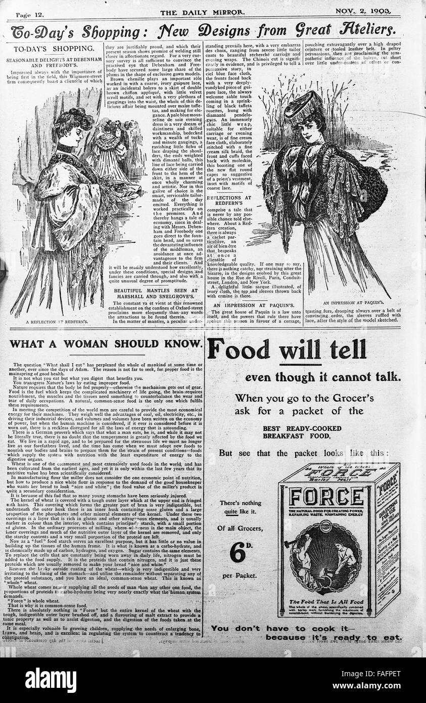 Annuncio di giornali di moda donna in Daily Mirror pubblicato il 2 novembre 1903 Foto Stock