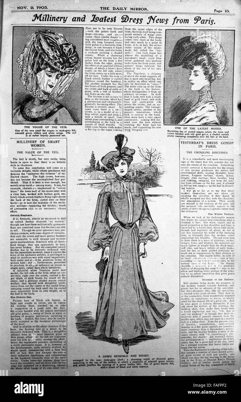 Annuncio di giornali di moda donna in Daily Mirror pubblicato il 2 novembre 1903 Foto Stock