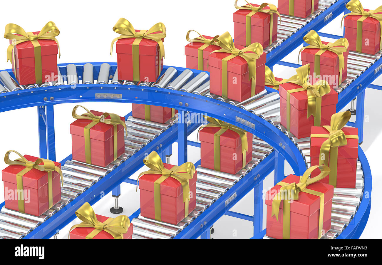 Il rullo industriale sistema trasportatore. Trasportatori in acciaio in varie direzioni con confezioni regalo. Rosso con nastri d'oro. Foto Stock