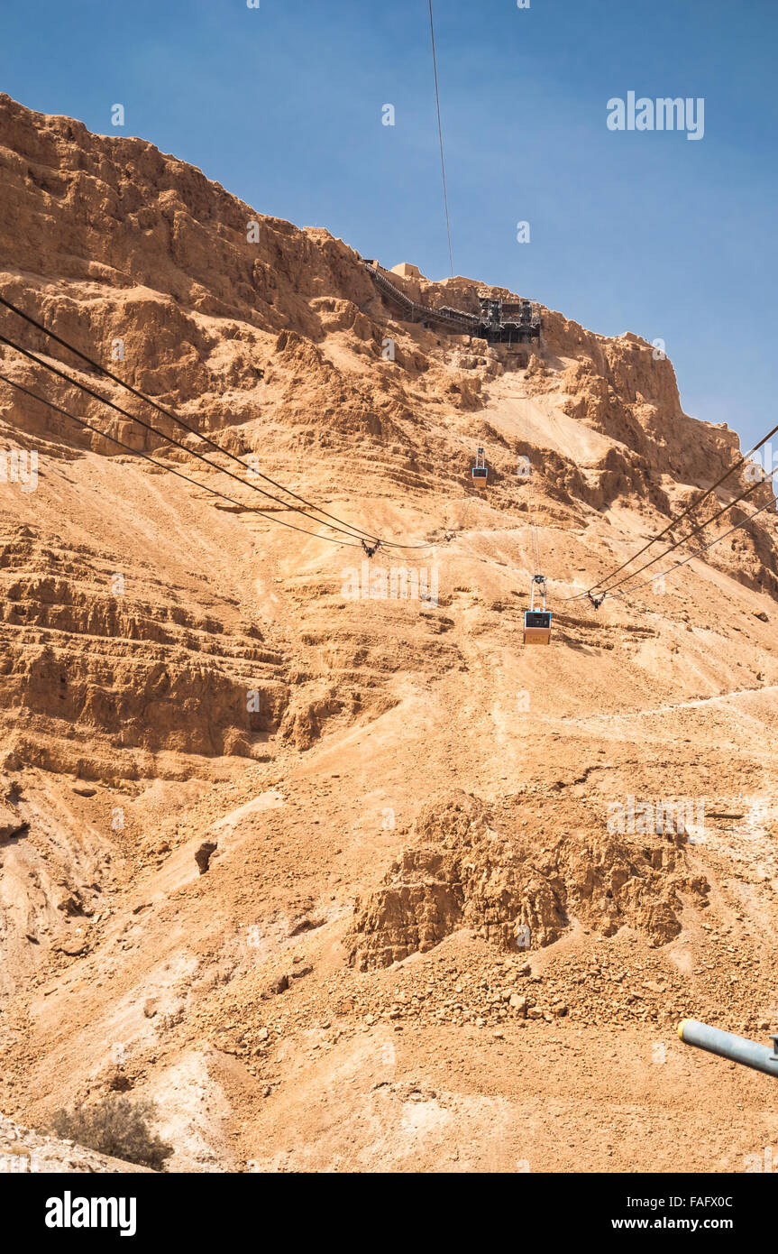 Tranpost alla sommità della collina di Massada mediante il cavo auto. Il Deserto della Giudea, Israele. Terra Santa. Foto Stock