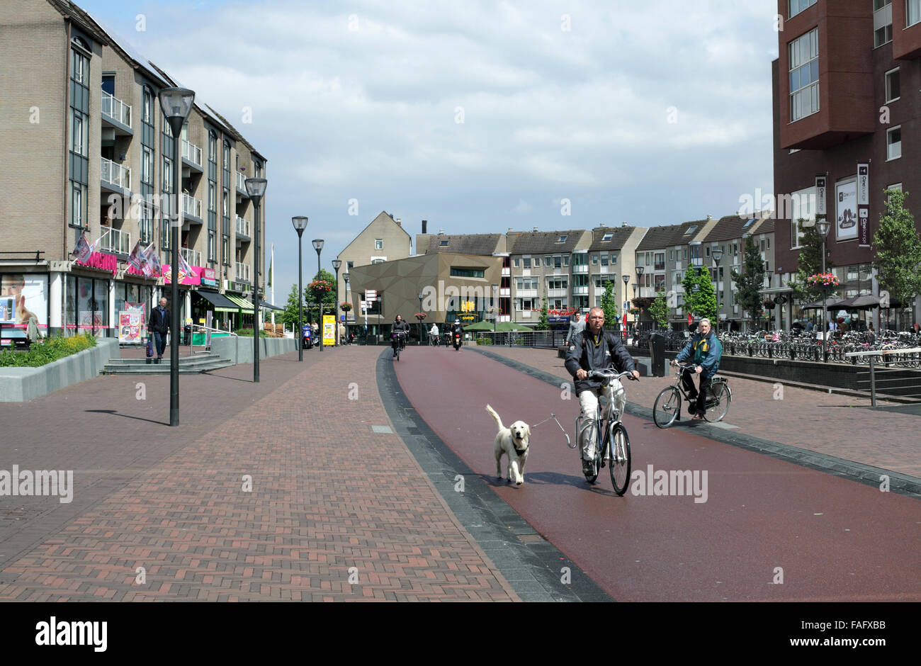 Camminare il cane sulla strada principale nel centro di Houten, un olandese nuova città nei pressi di Utrecht, Paesi Bassi. Foto Stock