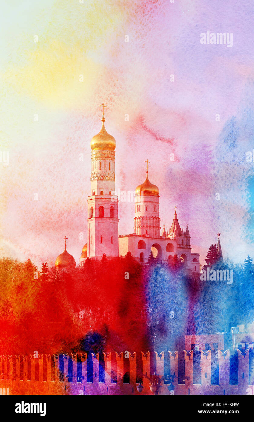 Acquerello bella Ivan il grande campanile a Mosca Foto Stock
