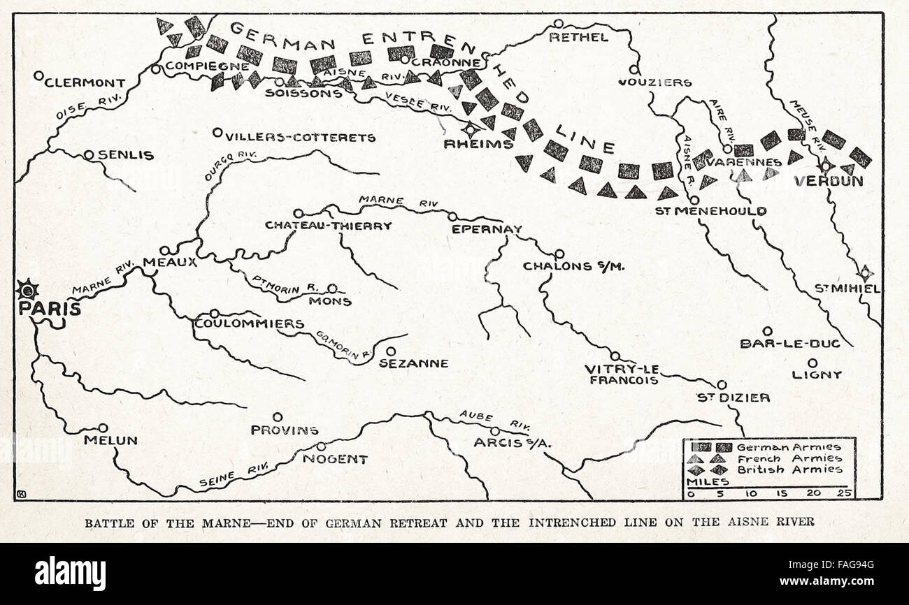 Battaglia della Marna - Fine del ritiro tedesco e la linea intrenched sul fiume Aisne, la Prima Guerra Mondiale Foto Stock
