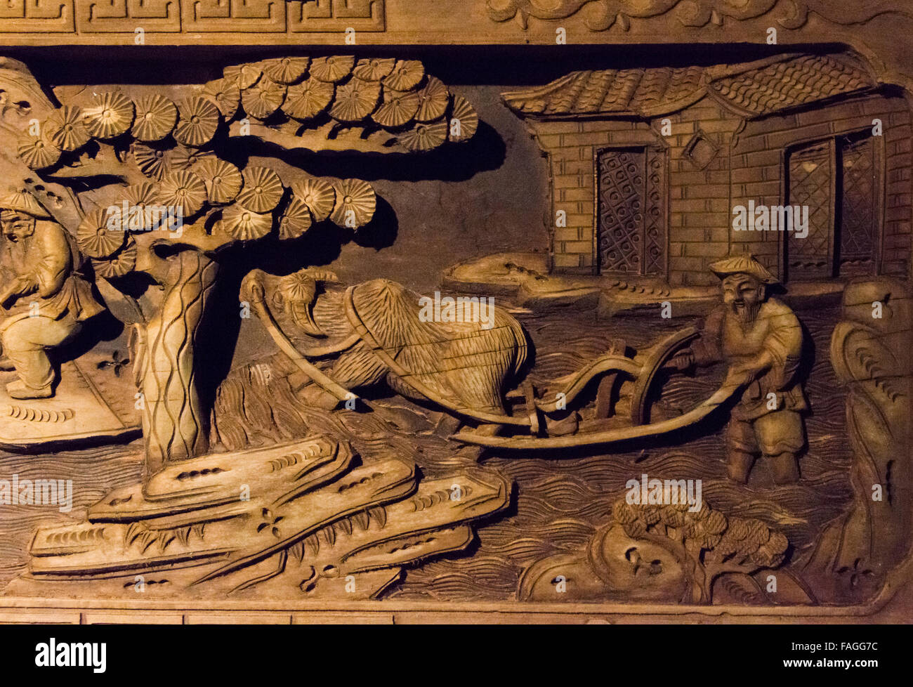 Intaglio del legno con il tema di esame imperiale nel Museo di cinese esame imperiale, Nanjing, provincia dello Jiangsu, Cina Foto Stock