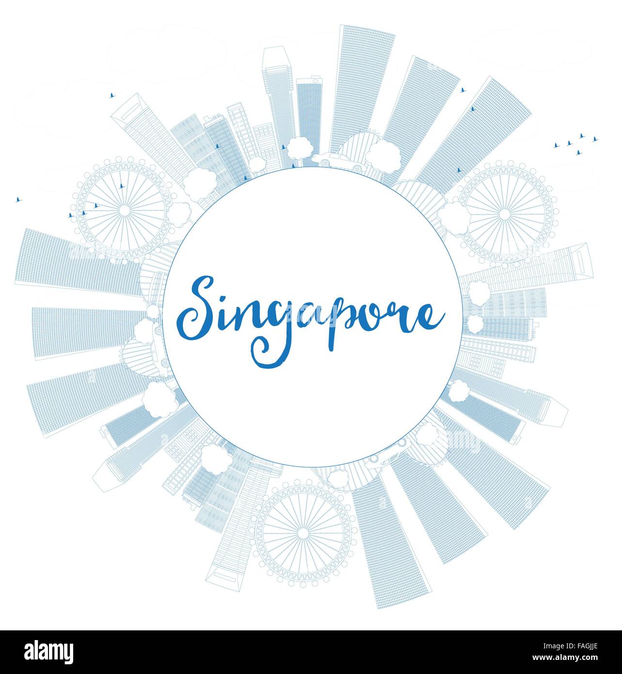 Profilo dello skyline di Singapore con punti di riferimento blu e copia di spazio. Illustrazione Vettoriale. Viaggi di affari e turismo concept Illustrazione Vettoriale