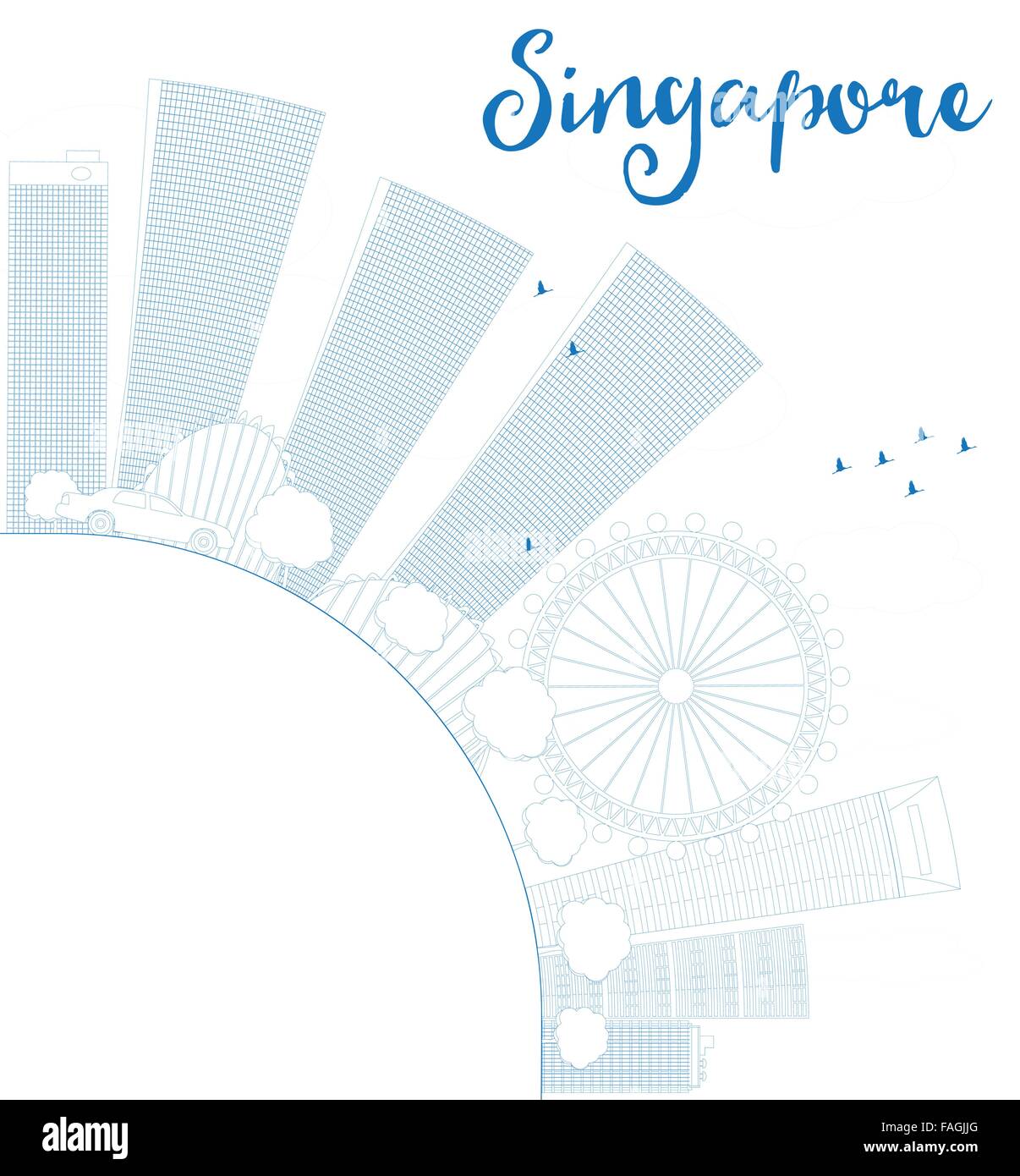 Profilo dello skyline di Singapore con punti di riferimento blu e copia di spazio. Illustrazione Vettoriale. Viaggi di affari e turismo concept Illustrazione Vettoriale