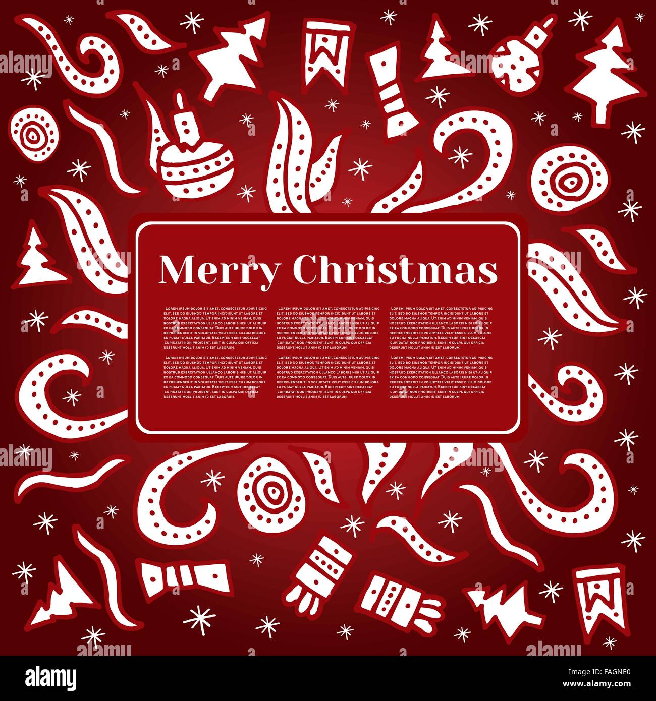 Merry Christmas card con elementi di vacanza. Illustrazione Vettoriale. Disegnata a mano anno nuovo concetto con copia spazio. Illustrazione Vettoriale