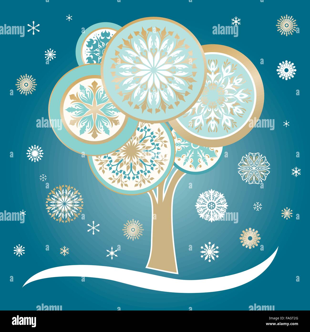 Winter Card con struttura ad albero e i fiocchi di neve Eco illustrazione di Natale con eleganti decorazioni su sfondo turchese Illustrazione Vettoriale