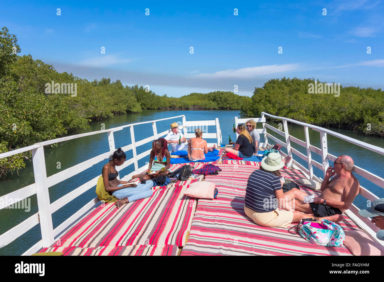 Viaggio in barca attraverso le paludi di mangrovie da Denton Bridge Banjul Gambia Foto Stock