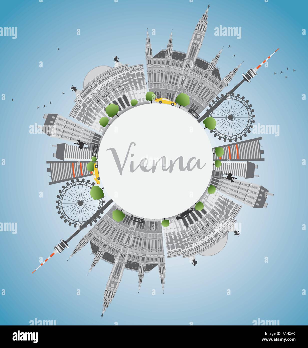 Lo Skyline di Vienna con edifici grigi, Blu Cielo e spazio di copia. Illustrazione Vettoriale. Viaggi di affari e turismo Concept Illustrazione Vettoriale