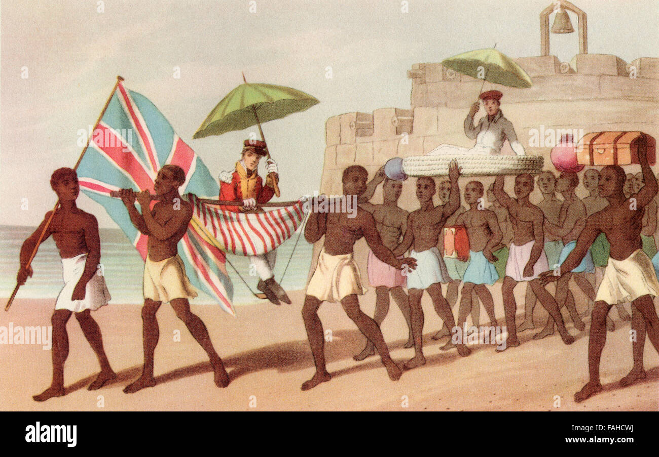 Metodo di viaggio in Africa nel XIX secolo. Dopo un'acquatinta in W. Hutton il viaggio in Africa, 1821. Gli europei essendo portati in tipi di figliate da Native portatori. Foto Stock