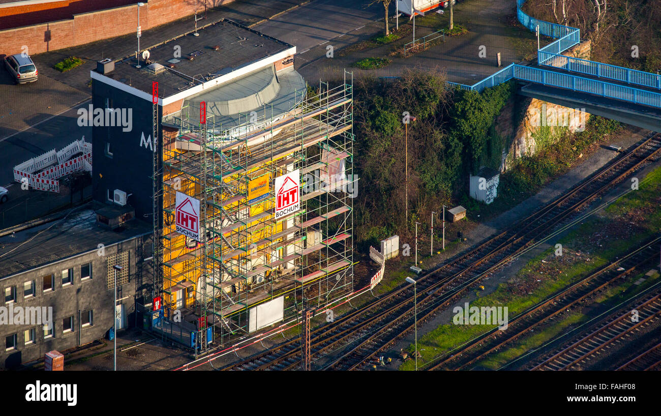 Vista aerea, la casella segnale Styrum è costruito dopo un incendio, Ferrovie tedesche, ritardi dei treni, i danni di un incendio, ferrovie, treno regionale, Foto Stock
