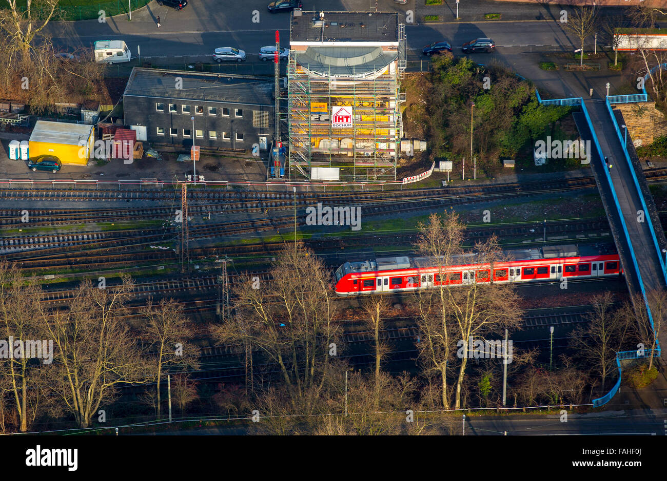 Vista aerea, la casella segnale Styrum è costruito dopo un incendio, Ferrovie tedesche, ritardi dei treni, i danni di un incendio, ferrovie, treno regionale, Foto Stock