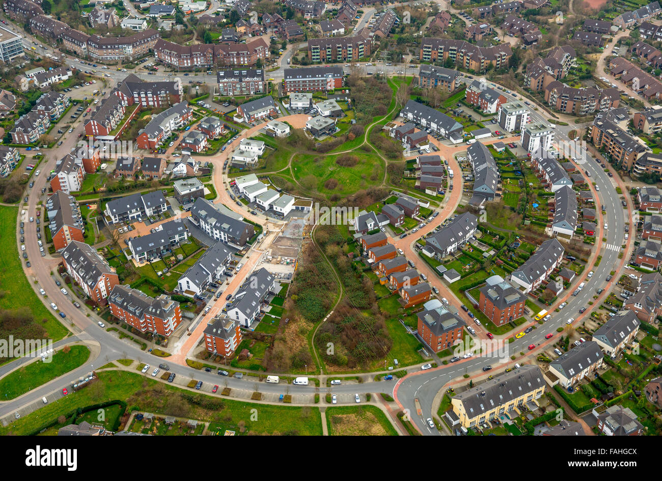 Vista aerea, nuova zona residenziale, case a schiera, case, Saarner Kuppe Saarn, Mülheim an der Ruhr, la zona della Ruhr Foto Stock