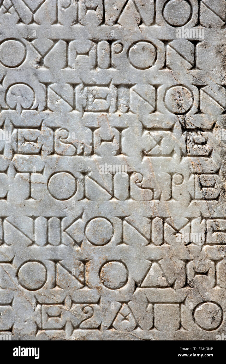 Script sulla lapide, Aphrodisias, Aydin, Turchia Foto Stock