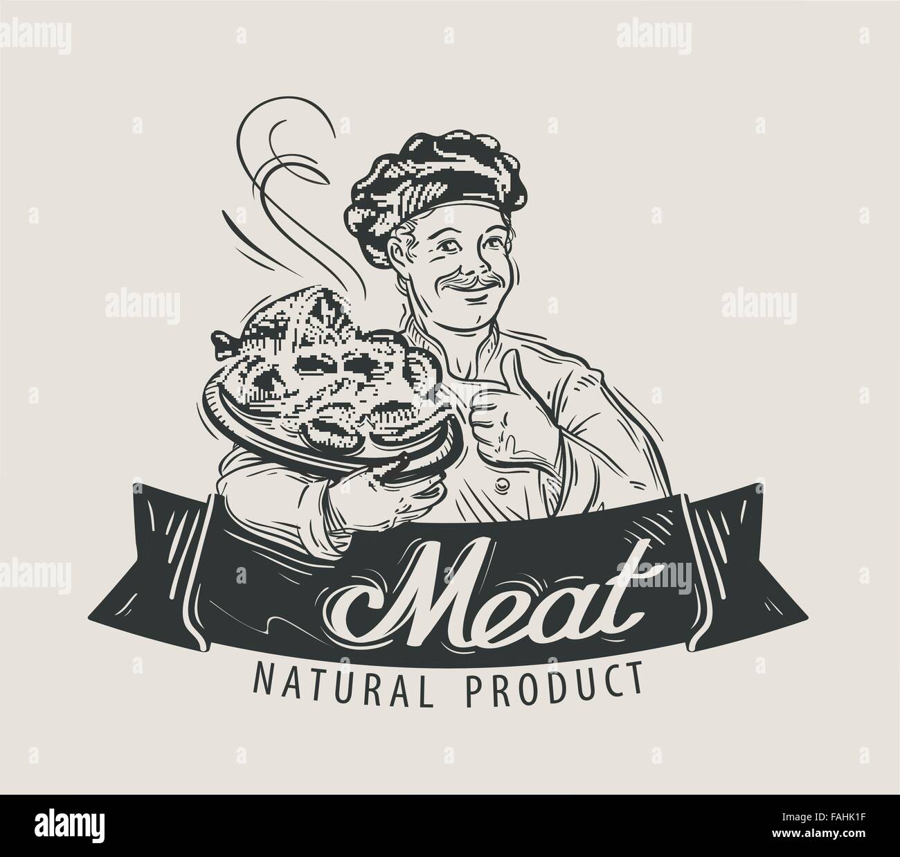 Carni, carni bovine, salsiccia vector logo design modello. Barbeque, barbecue, cibo o icona del ristorante Illustrazione Vettoriale