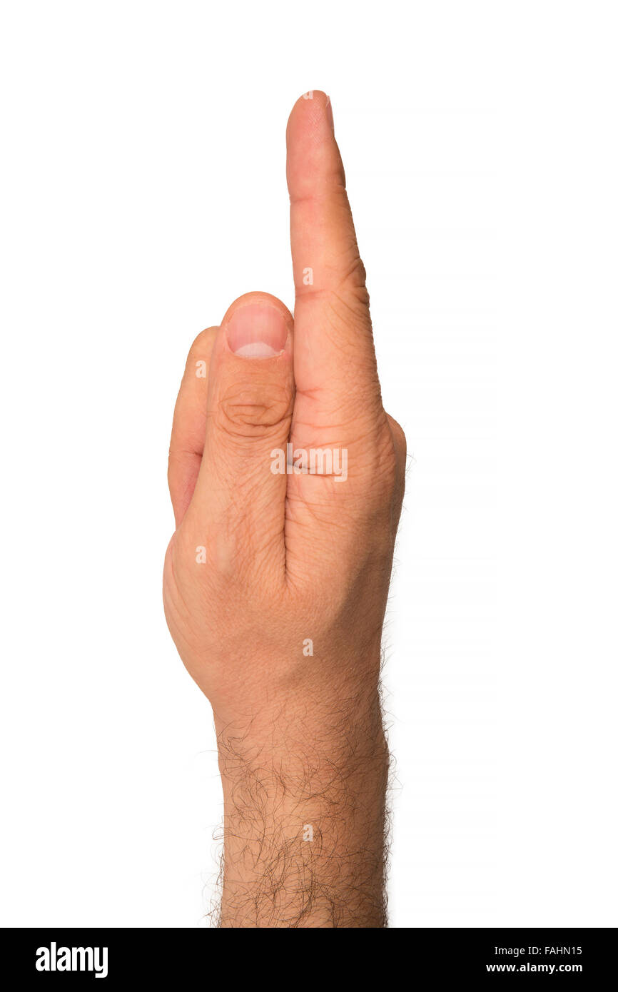 Puntare il dito su sfondo bianco. Foto Stock