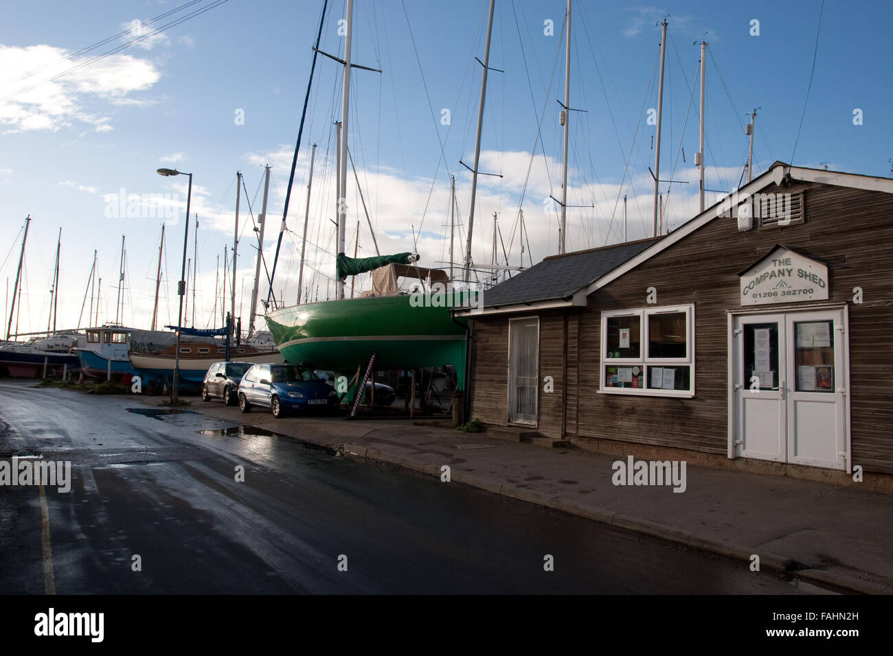 La società Shed, famoso mangiare pesce posto a West Mersea, Mersea Island, Essex Foto Stock