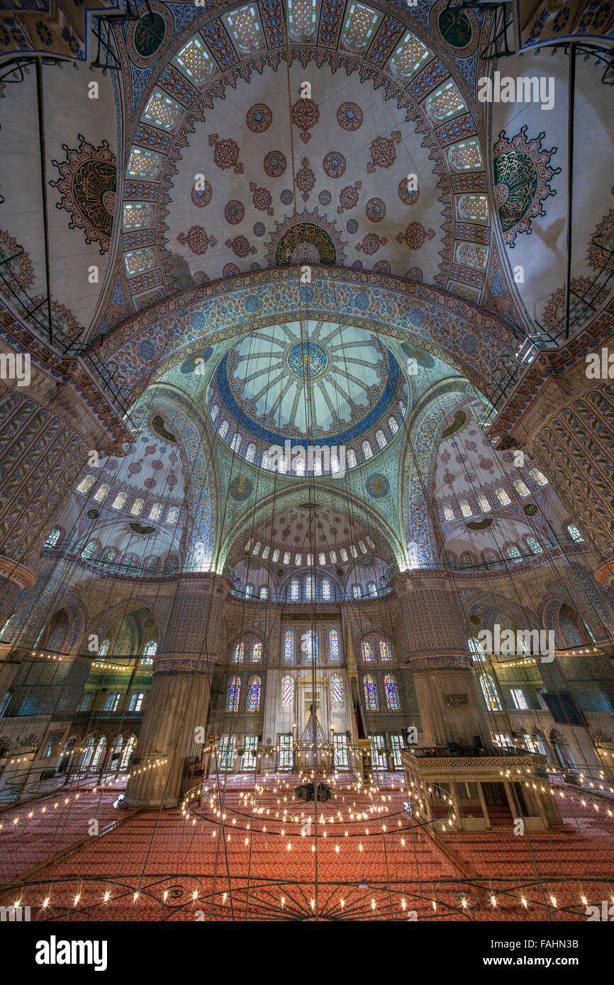 Vista interna della Moschea Blu, Sultanahmet, Istanbul, Turchia Foto Stock