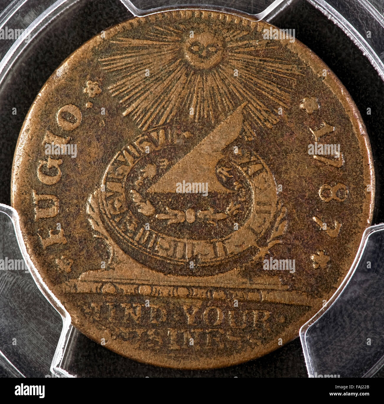 Fugio moneta di rame è stata la prima moneta ad essere emessi dal nuovo degli Stati Uniti in 1787. Molti storici sostengono che Benjamin Franklin h Foto Stock