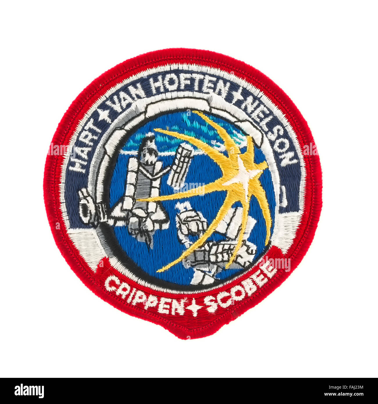 Badge di missione dalla STS-41C Space Shuttle in volo su uno sfondo bianco Foto Stock