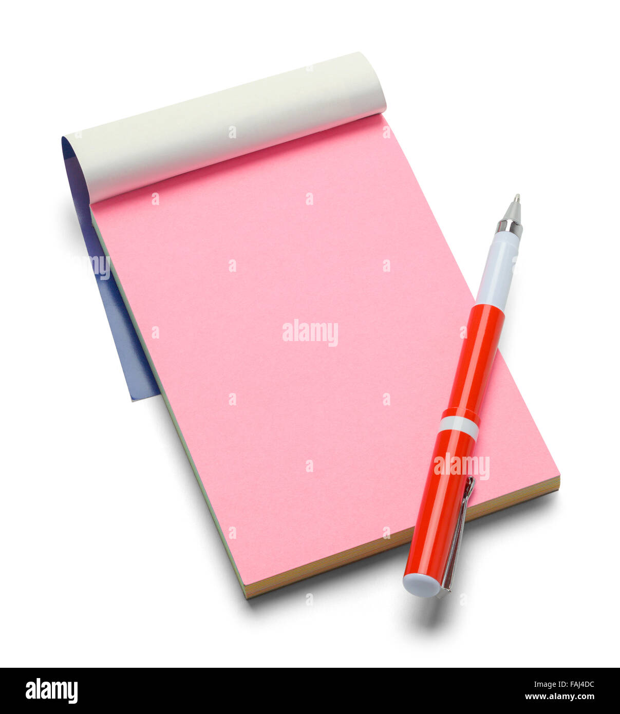Piccola Rosa Blocco note e penna isolato su uno sfondo bianco. Foto Stock