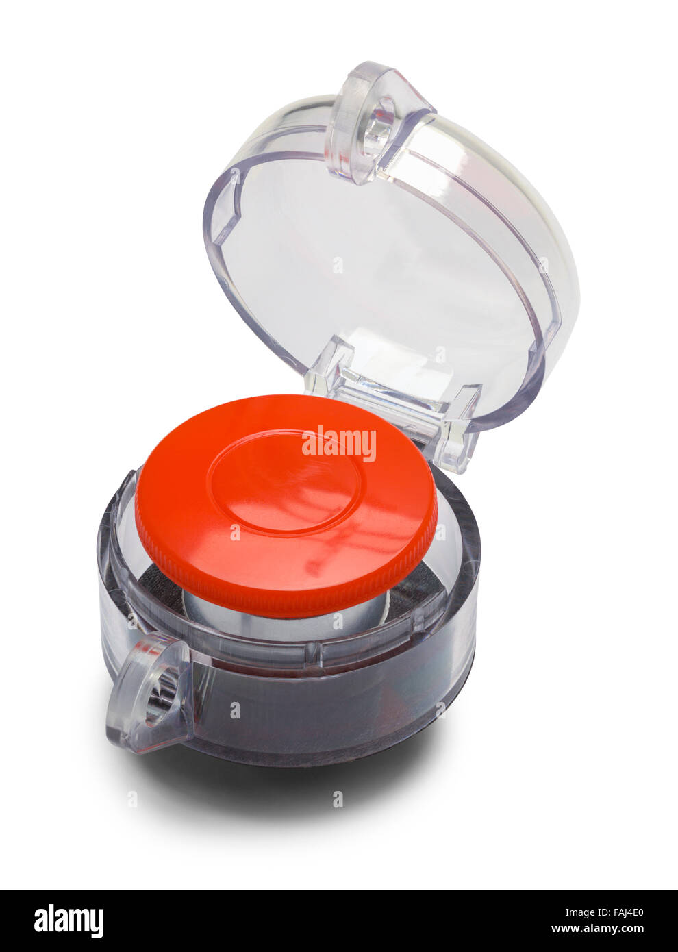 Grande pulsante rosso isolato su uno sfondo bianco. Foto Stock