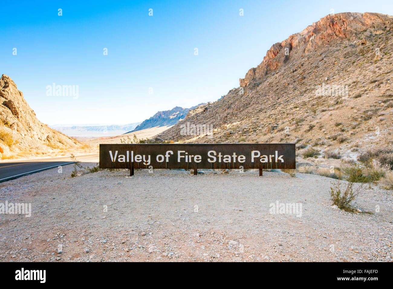La Valle del Fuoco del parco statale, Nevada. Segno di ingresso Foto Stock