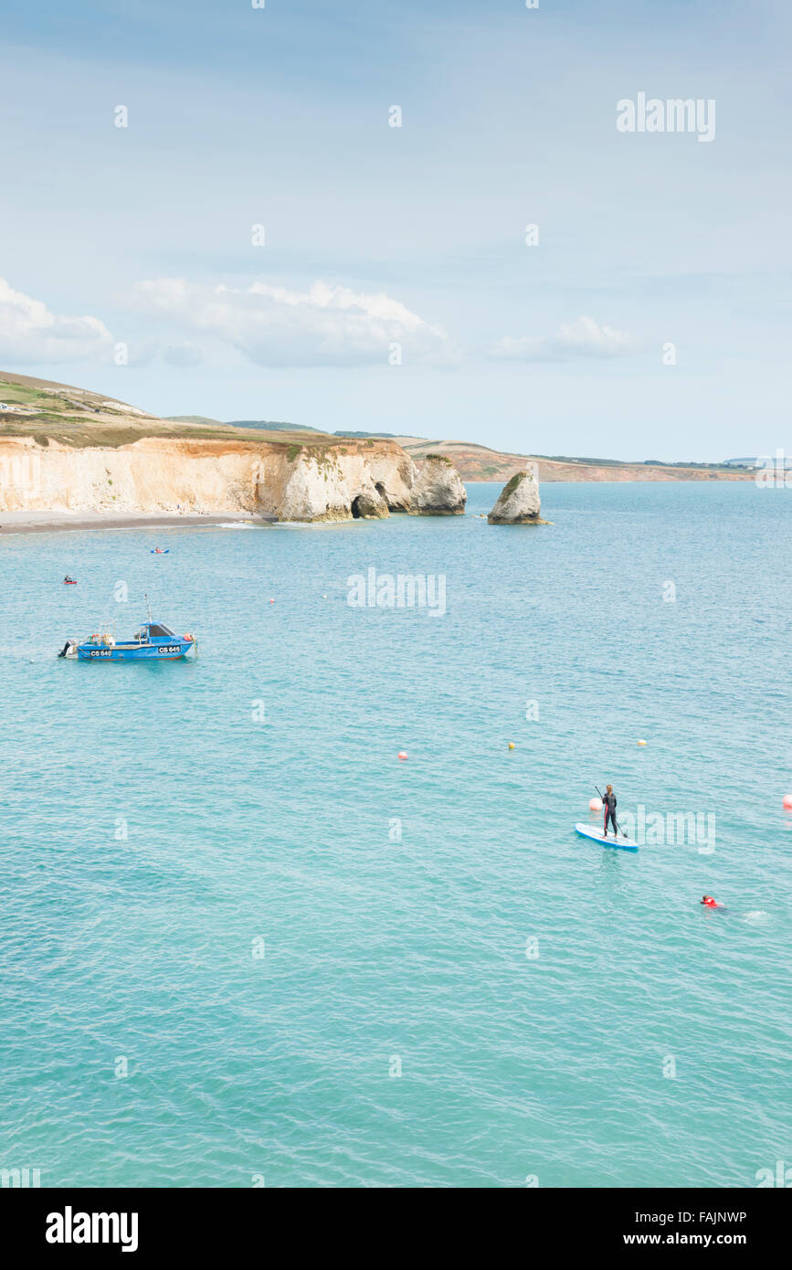 La spiaggia e le scogliere a Freshwater Bay Isle of Wight UK con persone in acqua paddleboarding Foto Stock
