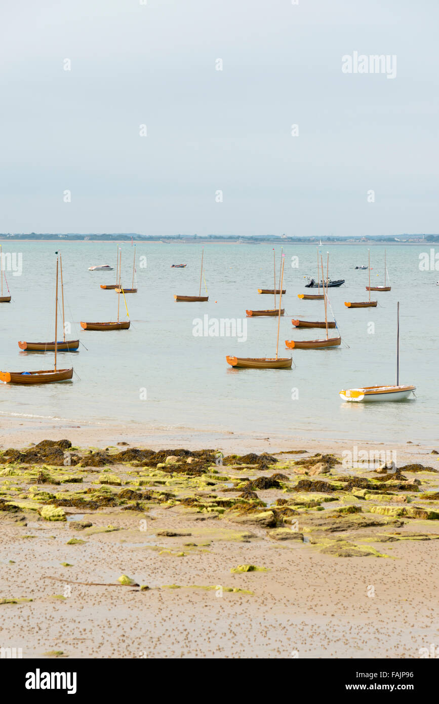Piccole barche a vela o derive ormeggiata in mare sull'Isola di Wight UK a bassa marea Foto Stock