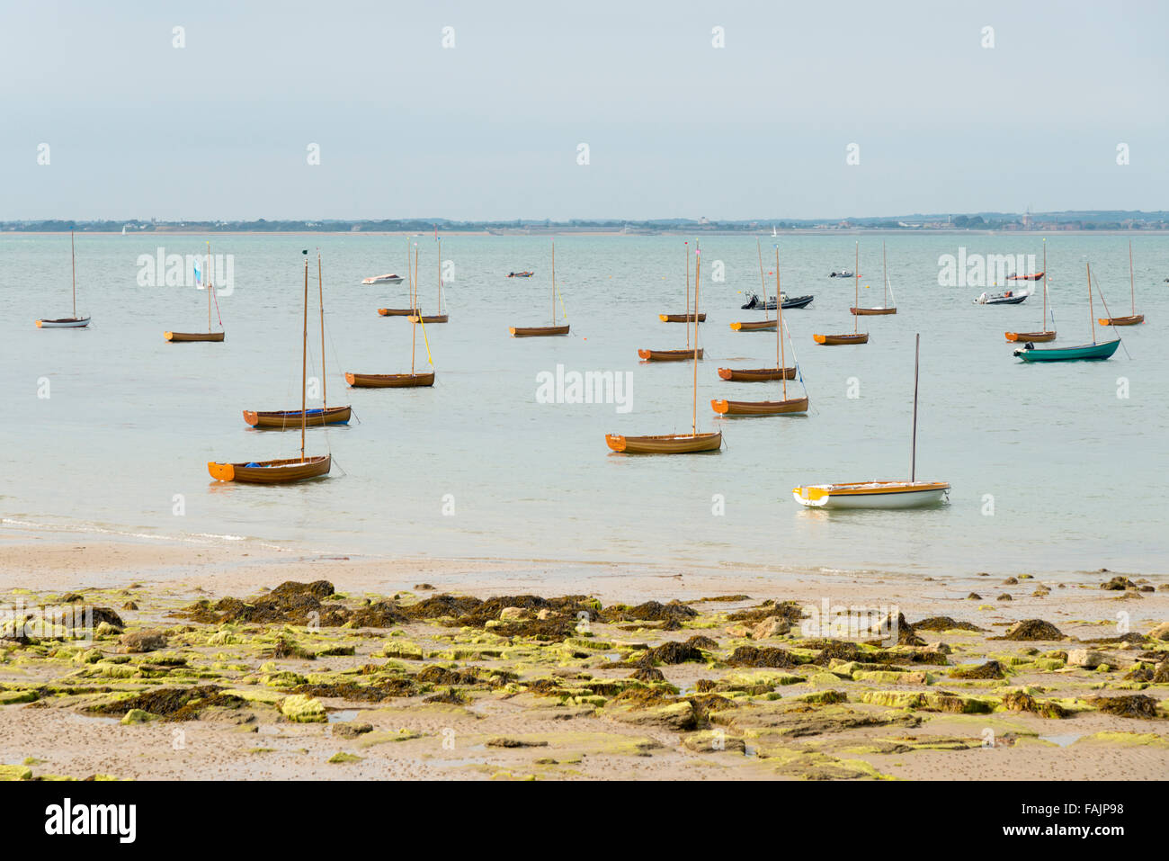 Piccole barche a vela o derive ormeggiata in mare sull'Isola di Wight UK a bassa marea Foto Stock