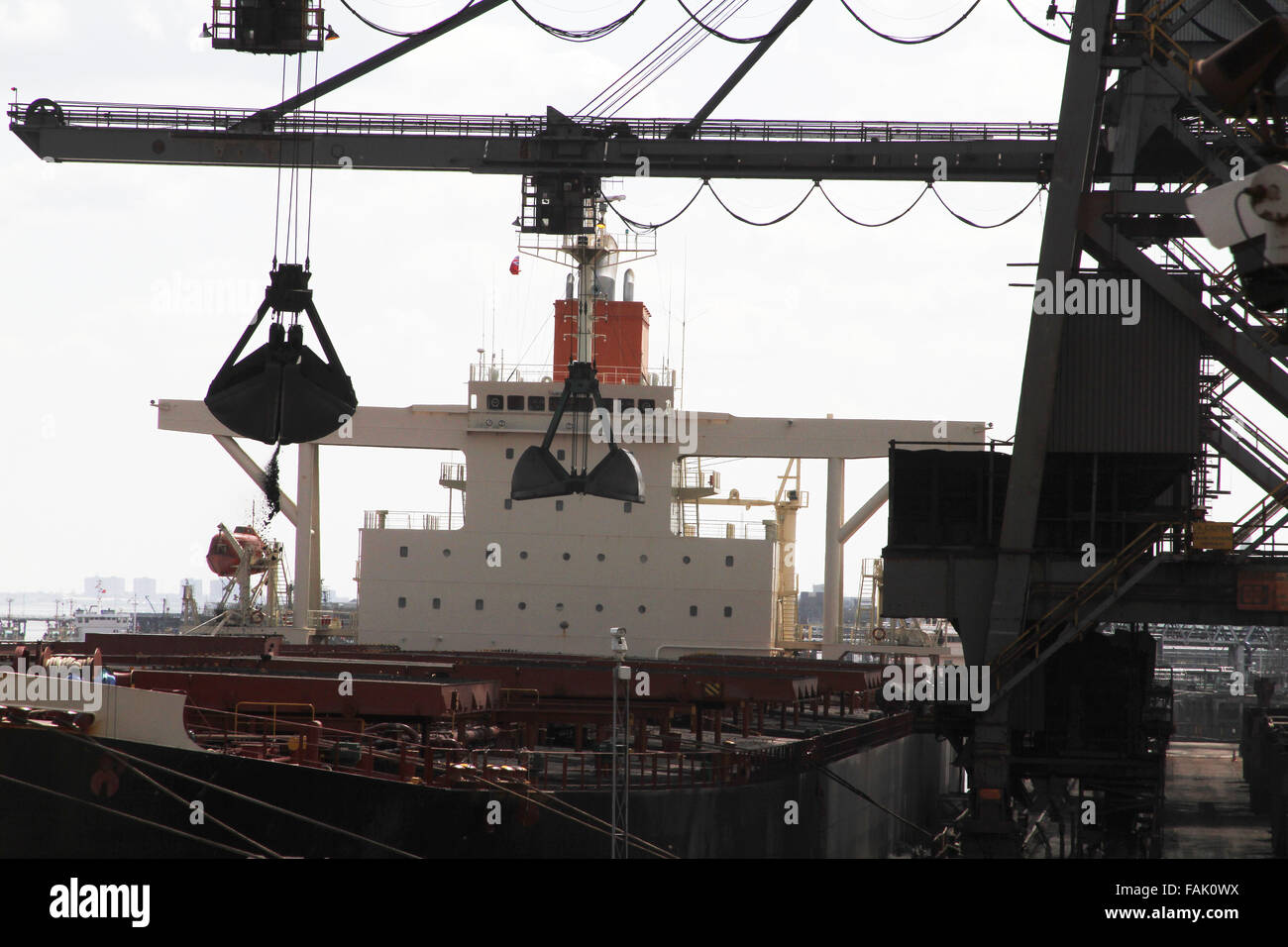 Dockside macchine di scarico per il trasporto alla rinfusa delle navi. Foto Stock