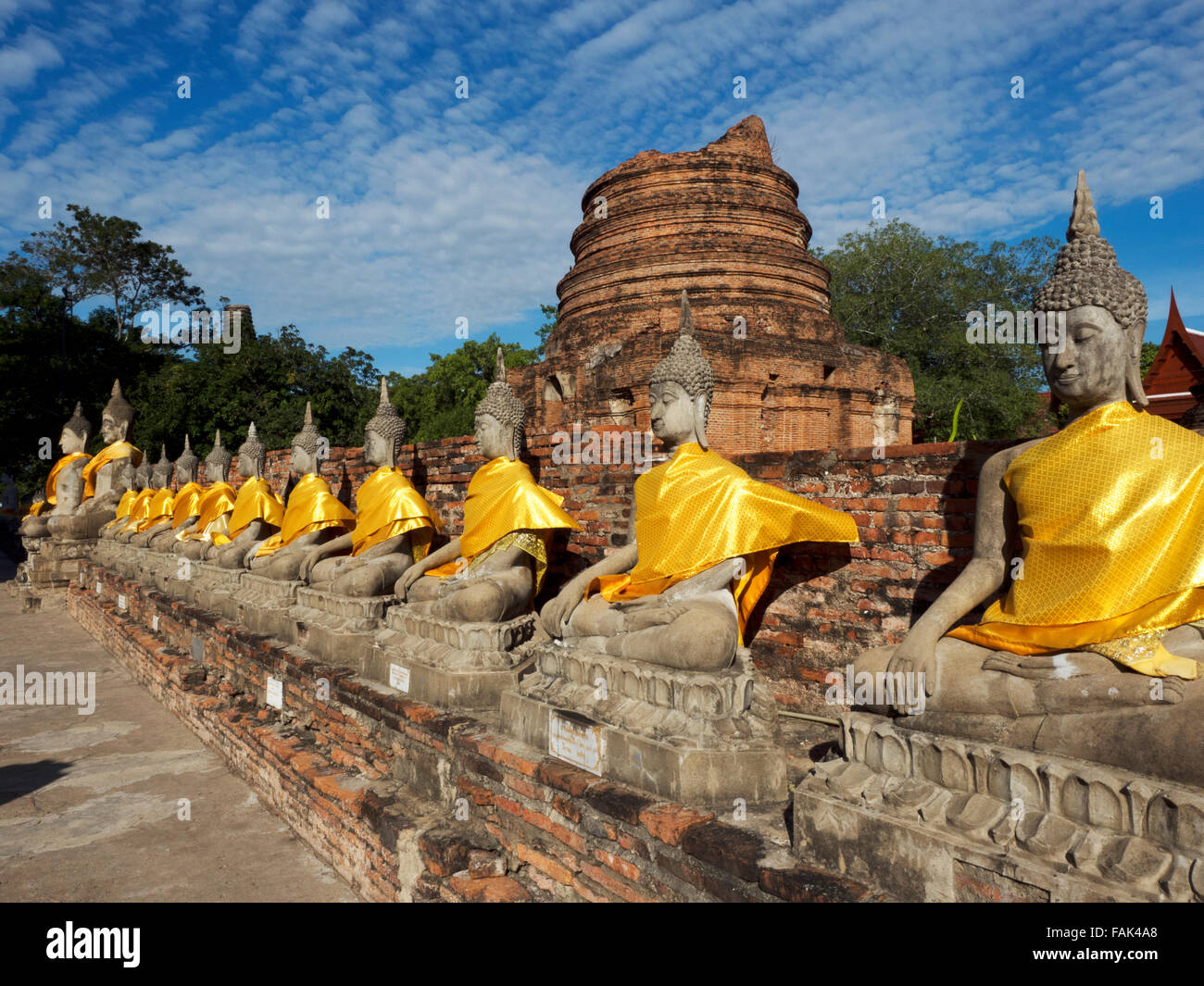 Statue di Buddha di fronte al Central Stupa, Wat Yai Chai Mongkhon, Thailandia, Asia Foto Stock