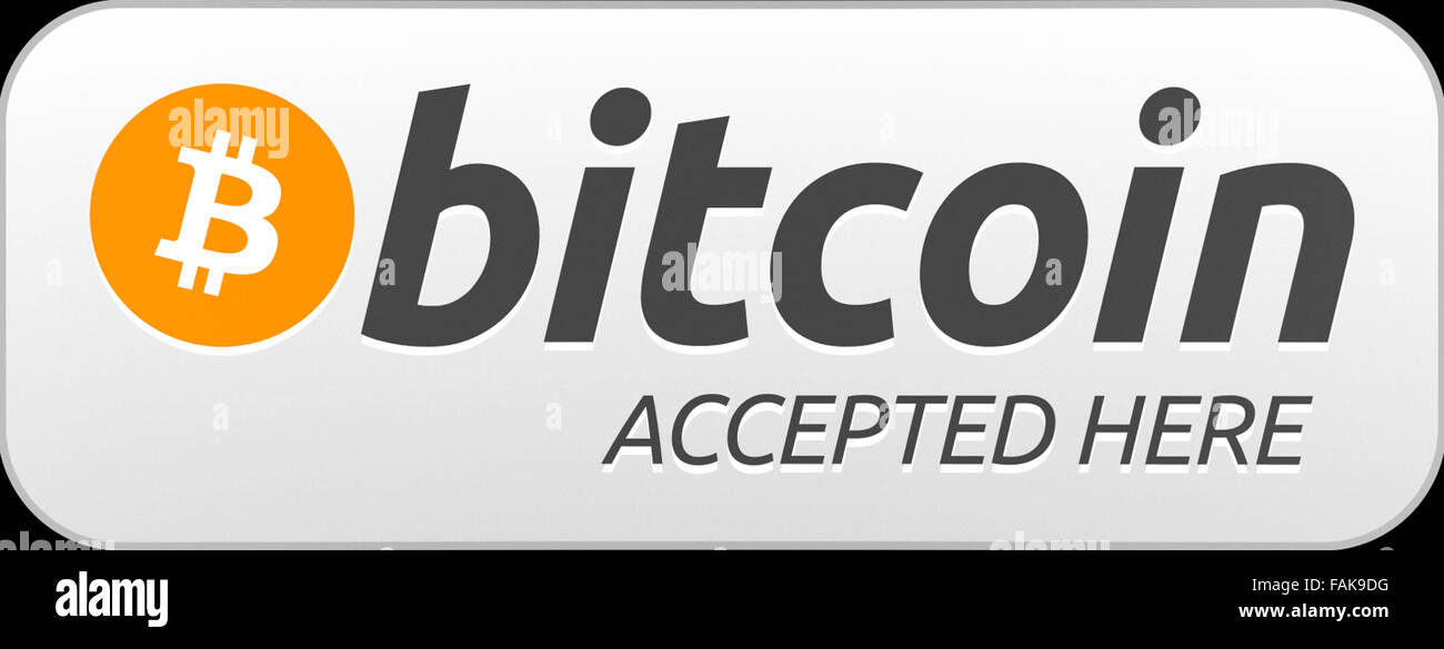 Cartellonistica promozionale "Bitcoin Accepted here" per l'uso online, nei negozi di lusso e in altre attività commerciali. Introdotto nel 2009, Bitcoin è un sistema di pagamento e valuta digitale decentralizzato che consente pagamenti istantanei e irreversibili a chiunque nel mondo utilizzando la tecnologia peer-to-peer senza autorità centrale. Rappresentazioni grafiche visive pubblicate nella comunità Bitcoin online nel 2010. Foto Stock