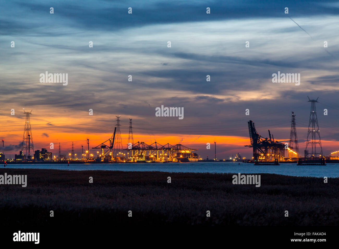 Porto industriale di Anversa, Belgio, gru, navi merci, Foto Stock