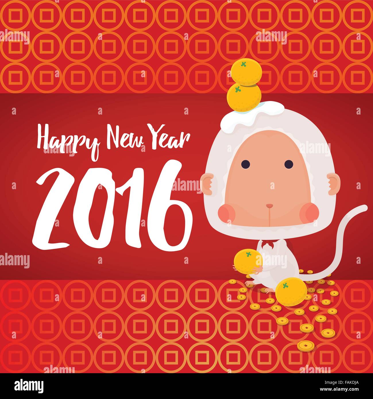 Vector Illustrator di scimmia bianco in cinese Zodiac con arance e delle monete metalliche in euro per il 2016 Nuovo anno festeggia il biglietto di auguri Illustrazione Vettoriale