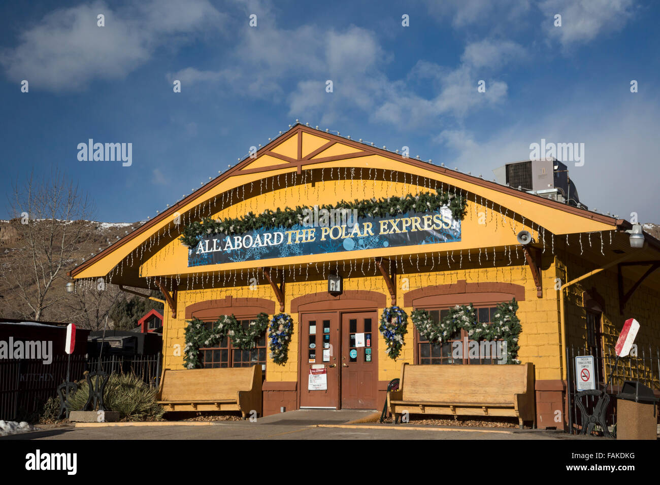 Golden, Colorado - Colorado Railroad Museum, decorazioni per le feste di Natale. Foto Stock