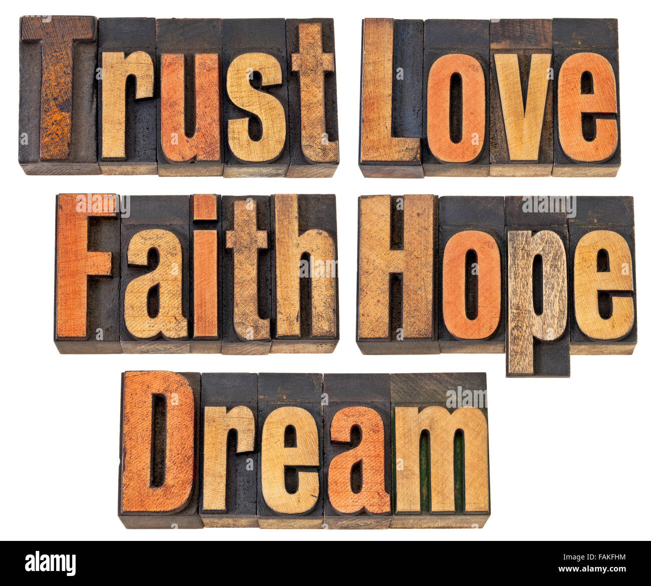 La fiducia, l'amore, la fede, la speranza e il sogno - un collage di parole isolate in rilievografia vintage tipo legno Foto Stock