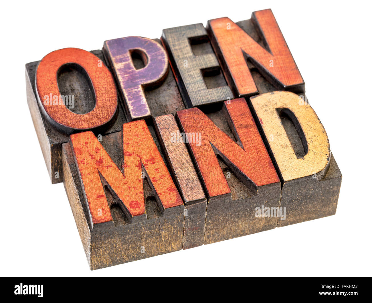Aprire la mente parola abstract - un banner isolato in rilievografia vintage tipo legno blocchi colorati da inchiostri a colori Foto Stock