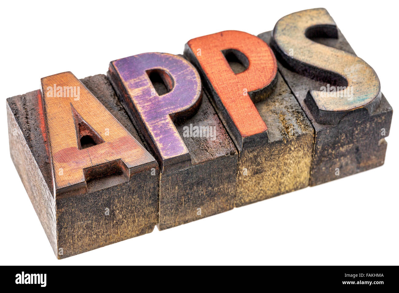 App - il software di applicazione per dispositivi mobili - banner isolato in legno vintage tipo di stampa tipografica, colorato mediante inchiostri a colori Foto Stock