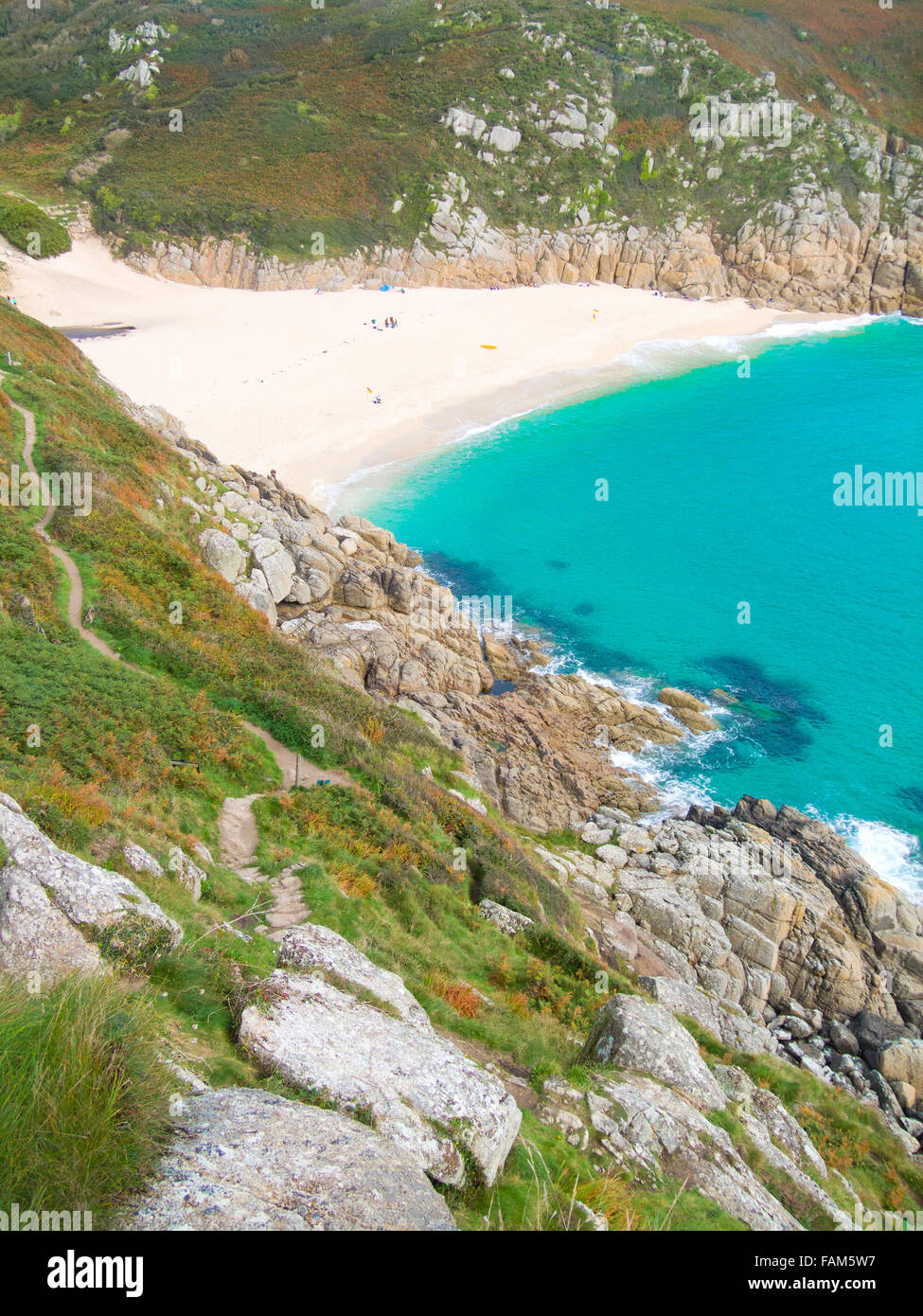 Porthcurno Beach, Cornwall, Inghilterra, Regno Unito in estate Foto Stock