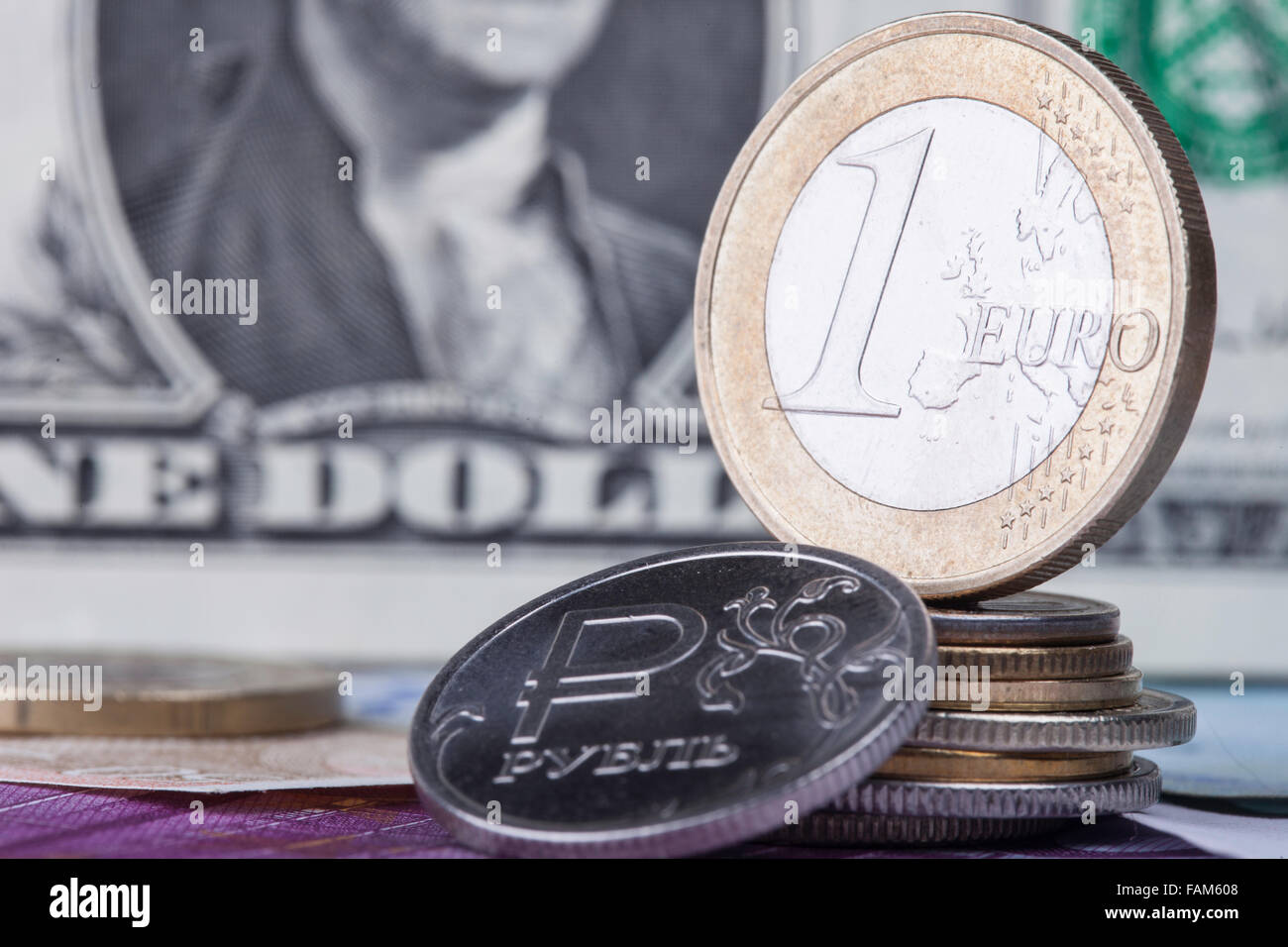 L'euro e rublo monete contro il dollaro Foto Stock