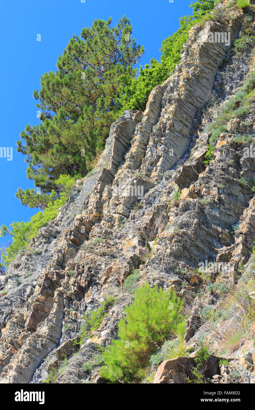 Pendii ripidi con vegetazione rada e visibili gli strati di roccia Foto Stock