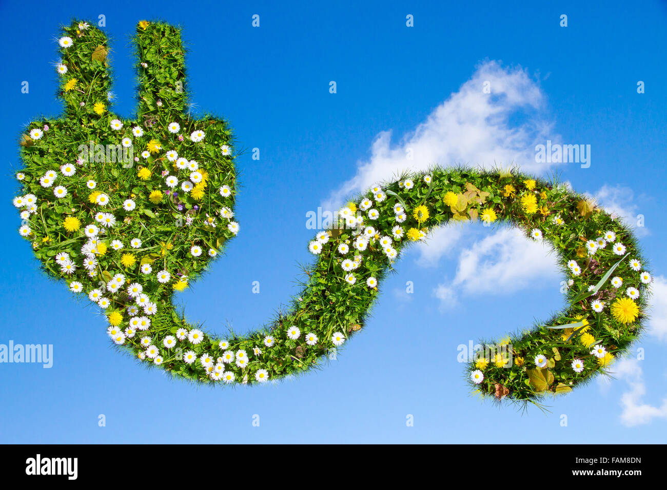 Erba e fiori coperti spina elettrica e cavo di alimentazione Foto Stock