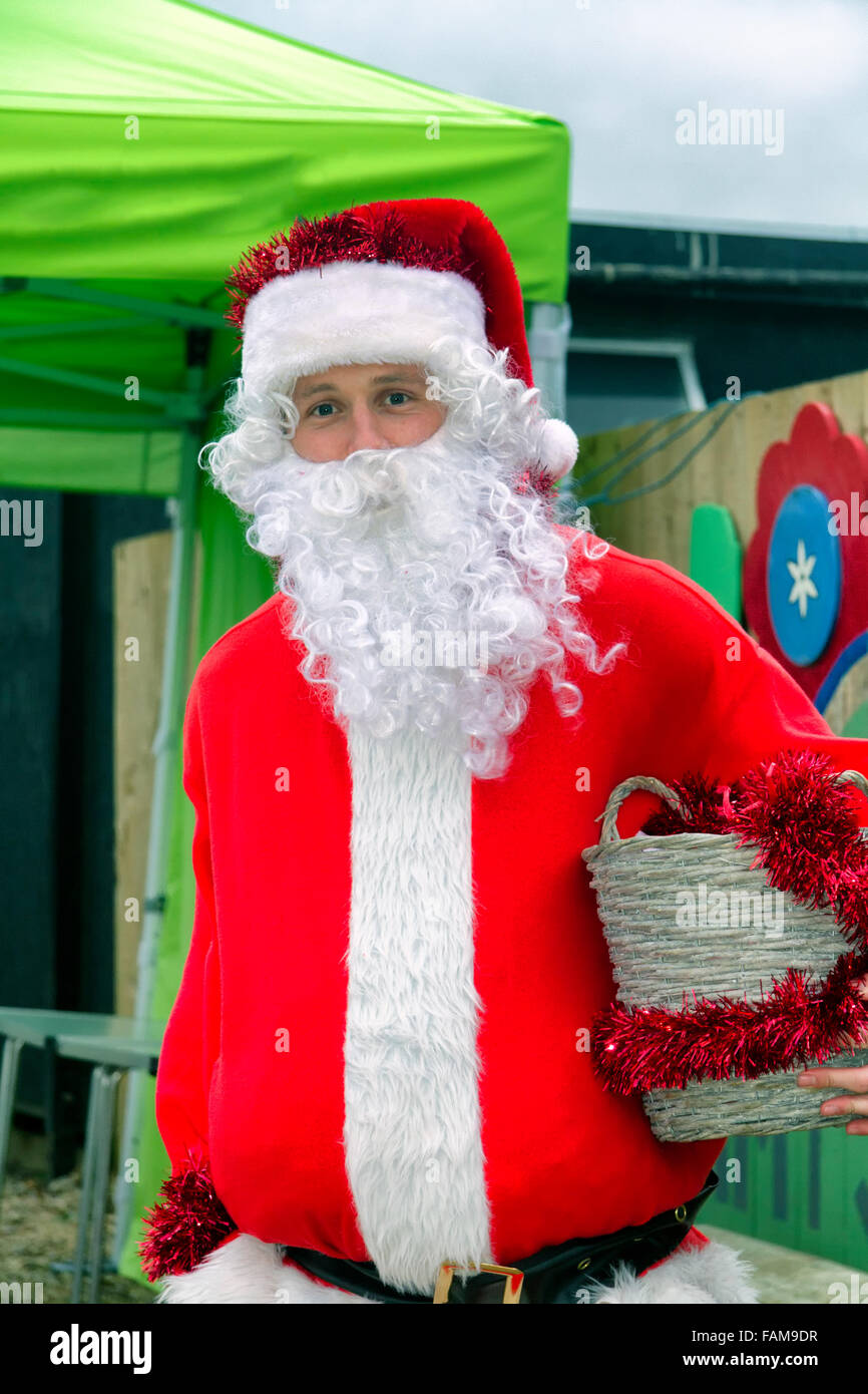 Uomo vestito da Santa Claus, tenendo un cesto in vimini Foto Stock